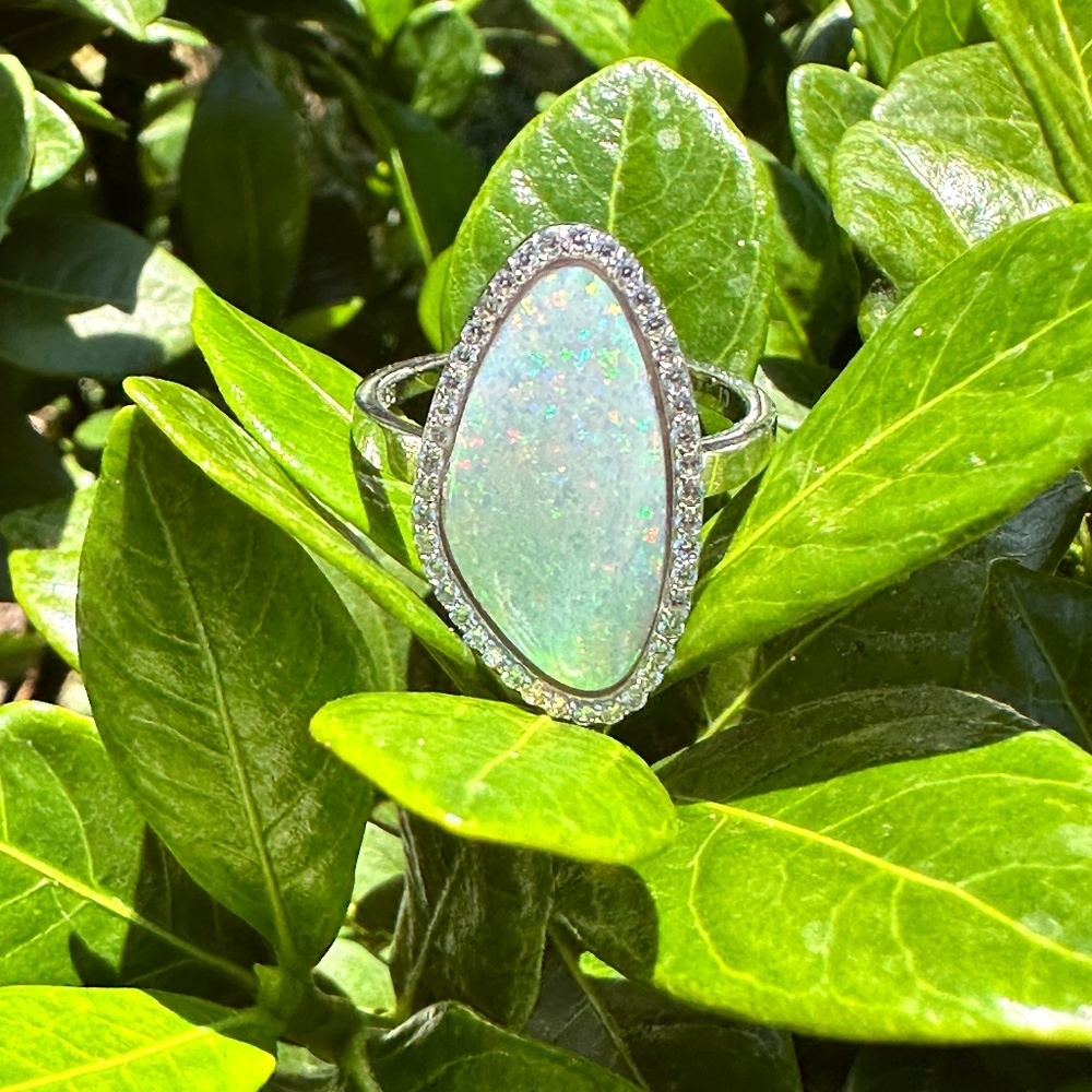 New! Sterling Silver Lab Created Opal Slice Ring